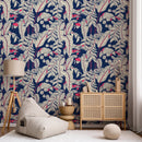 Tropical Wallpaper with Stylized Banana Leaves in Navy Blue, Beige, and Red - A023