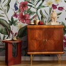Botanical Wallpaper with Tropical Hibiscus and Plumeria in Red, Pink, and Green - A203