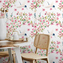 Chinoiserie Wallpaper with Cranes and Pink Blossoms - A219