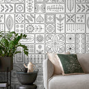 Folk Art Tile Wallpaper in Black and White - A236
