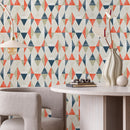 Geometric Wallpaper with a Retro Triangle Pattern in Blue, Orange, and Beige - A412