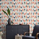 Geometric Wallpaper with a Retro Triangle Pattern in Blue, Orange, and Beige - A412