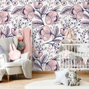 Floral Wallpaper featuring Stylized Hand-Drawn Blooms in Pink and Purple - A691