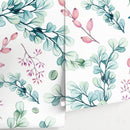 Botanical Wallpaper with Watercolor Leaves and Berries in Green and Pink - A735