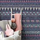 Bohemian Wallpaper with Tribal Eye Motifs in Purple, Pink, and Teal - A820