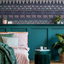Bohemian Wallpaper with Tribal Eye Motifs in Purple, Pink, and Teal - A820