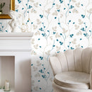 Botanical Wallpaper with Delicate Leafy Vines in Teal and Beige - A040