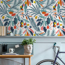 Botanical Wallpaper with Colorful Leaves and Berries in Blue, Orange, and Pink - A713
