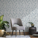 Feather Wallpaper with a Stylized Motif in Light Blue and White - A063