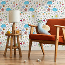 Kids Wallpaper with Hand-Drawn Doodles in Blue, Red, and Yellow - A089