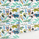 Jungle Wallpaper featuring Cartoon Jungle Animals in Yellow, Blue, and Green - A095