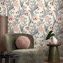 Floral Wallpaper Featuring Stylized Tulips in Pink, Warm Beige, and Blue - A829