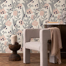 Floral Wallpaper Featuring Stylized Tulips in Pink, Warm Beige, and Blue - A829