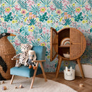 Botanical Wallpaper with Tropical Flowers in Teal, Pink, and Yellow - A831
