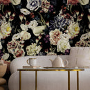 Dark Floral Wallpaper with a Moody Bouquet in Pink, White, and Purple - A841