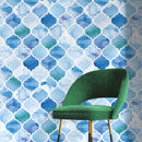 Moroccan Wallpaper with a Watercolor Trellis Motif in Blue and Teal - A099