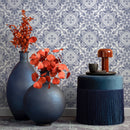 Tile Wallpaper with a Vintage Floral Medallion Motif in Blue and White - A110