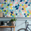 Geometric Wallpaper with a Colorful Triangle Mosaic in Blue, Yellow, and Pink - A876