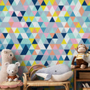 Geometric Wallpaper with a Colorful Triangle Mosaic in Blue, Yellow, and Pink - A876