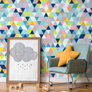 Geometric Wallpaper with a Colorful Triangle Mosaic in Blue, Yellow, and Pink - A876
