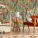 Tropical Wallpaper with a Watercolor Jungle Motif in Green, Pink, and Orange - A896