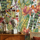 Tropical Wallpaper with a Watercolor Jungle Motif in Green, Pink, and Orange - A896