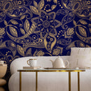 Paisley Wallpaper with an Intricate Ornamental Motif in Blue and Gold - A898