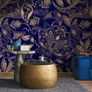 Paisley Wallpaper with an Intricate Ornamental Motif in Blue and Gold - A898