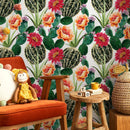 Botanical Wallpaper Featuring Flowering Cacti in Green, Pink, and Orange - A911