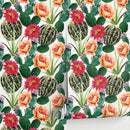 Botanical Wallpaper Featuring Flowering Cacti in Green, Pink, and Orange - A911