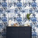 Coastal Wallpaper with an Abstract Palm Tree Collage in Blue and Black - A283
