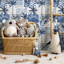 Coastal Wallpaper with an Abstract Palm Tree Collage in Blue and Black - A283