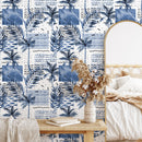Coastal Wallpaper with an Abstract Palm Tree Collage in Blue and Black - A283