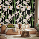 Floral Wallpaper Featuring Watercolor Irises in Black, White, and Green - A844
