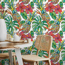 Tropical Wallpaper with Pineapples and Hibiscus in Red, Green, and Yellow - A137