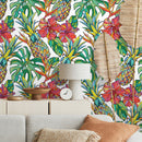 Tropical Wallpaper with Pineapples and Hibiscus in Red, Green, and Yellow - A137