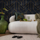 Art Deco Wallpaper with Geometric Lines in Charcoal and Gold - A239