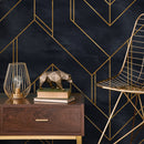 Art Deco Wallpaper with Geometric Lines in Charcoal and Gold - A239