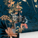 Floral Wallpaper with a Moody Wildflower Motif in Dark Teal, Light Orange, and Tan - A572