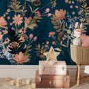 Floral Wallpaper with a Moody Wildflower Motif in Dark Teal, Light Orange, and Tan - A572