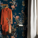Floral Wallpaper with a Moody Wildflower Motif in Dark Teal, Light Orange, and Tan - A572