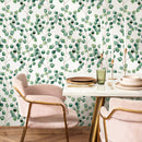 Botanical Wallpaper Featuring a Watercolor Eucalyptus Motif in Green and Brown - A126