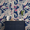 Tropical Wallpaper with Stylized Banana Leaves in Navy Blue, Beige, and Red - A023