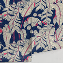 Tropical Wallpaper with Stylized Banana Leaves in Navy Blue, Beige, and Red - A023