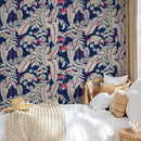 Tropical Wallpaper with Stylized Banana Leaves in Navy Blue, Beige, and Red - A023
