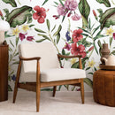 Botanical Wallpaper with Tropical Hibiscus and Plumeria in Red, Pink, and Green - A203