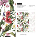 Botanical Wallpaper with Tropical Hibiscus and Plumeria in Red, Pink, and Green - A203
