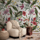 Botanical Wallpaper with Tropical Hibiscus and Plumeria in Red, Pink, and Green - A203