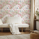 Chinoiserie Wallpaper with Cranes and Pink Blossoms - A219