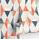 Geometric Wallpaper with a Retro Triangle Pattern in Blue, Orange, and Beige - A412